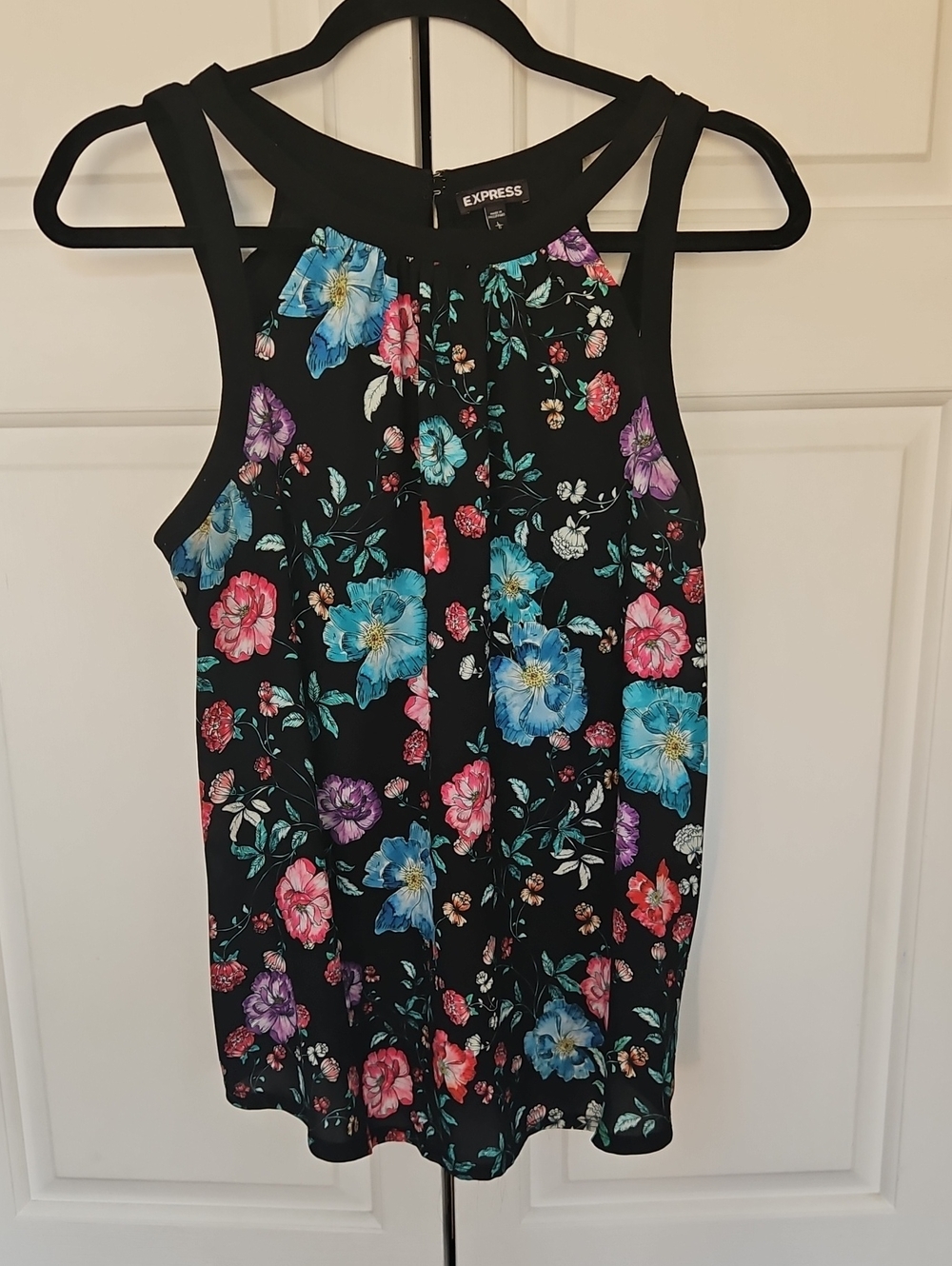 Express Women's Black Floral Top with Blue, Pink & Purple Blooms